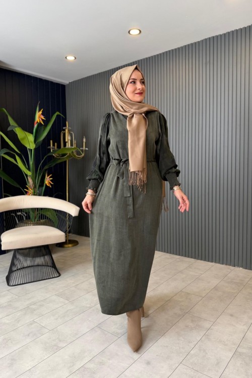 Lamia İpek Kupra Elbise Haki