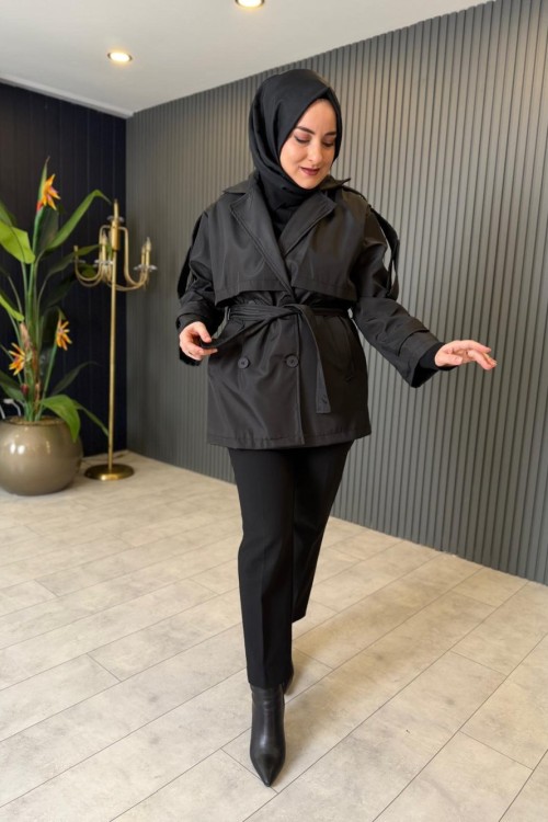 Kısa Premium Trençkot Siyah