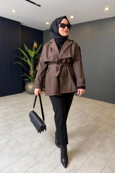 Kısa Premium Trençkot Kahve