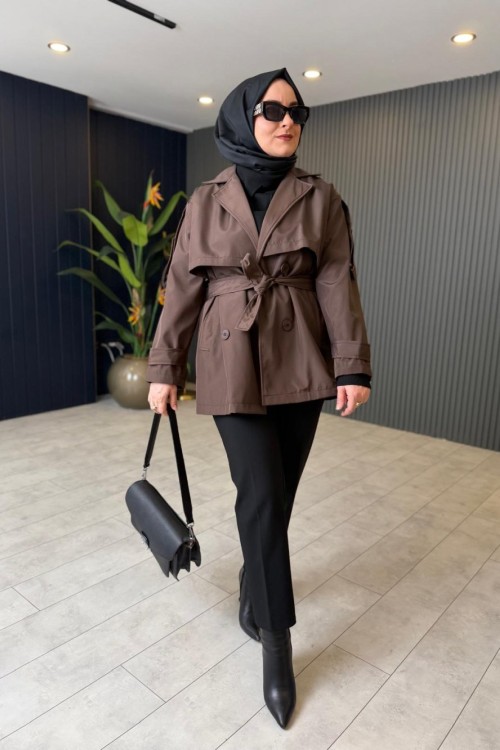 Kısa Premium Trençkot Kahve