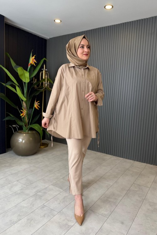 Poplin Tasarım Gömlek Bej