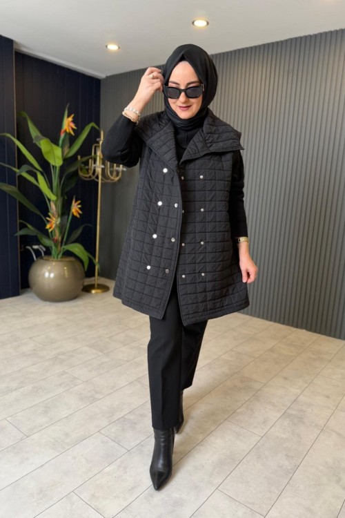 Çıtçıt Detaylı Kapitone Yelek Siyah