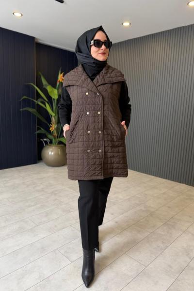 Çıtçıt Detaylı Kapitone Yelek Kahve