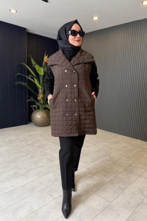 Çıtçıt Detaylı Kapitone Yelek Kahve