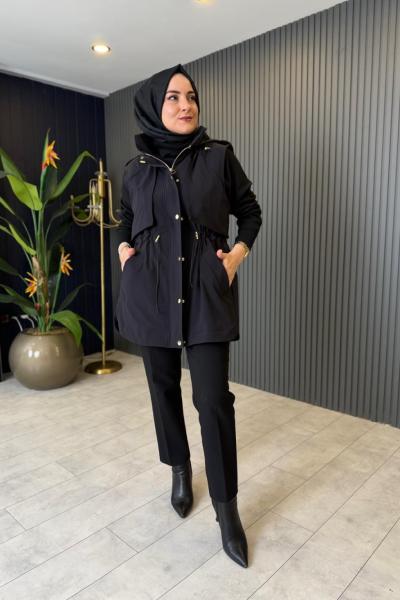 File Astarlı Kapüşonlu Yelek Siyah