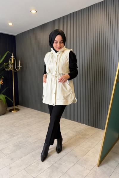 File Astarlı Kapüşonlu Yelek Ekru