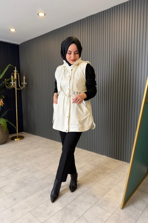 File Astarlı Kapüşonlu Yelek Ekru