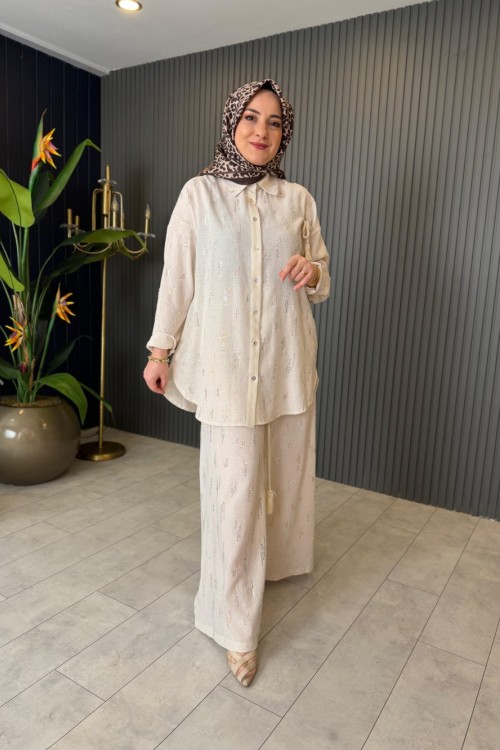 Halat Broş Aksesuarlı Pul Payet Pantolon Takım Ekru