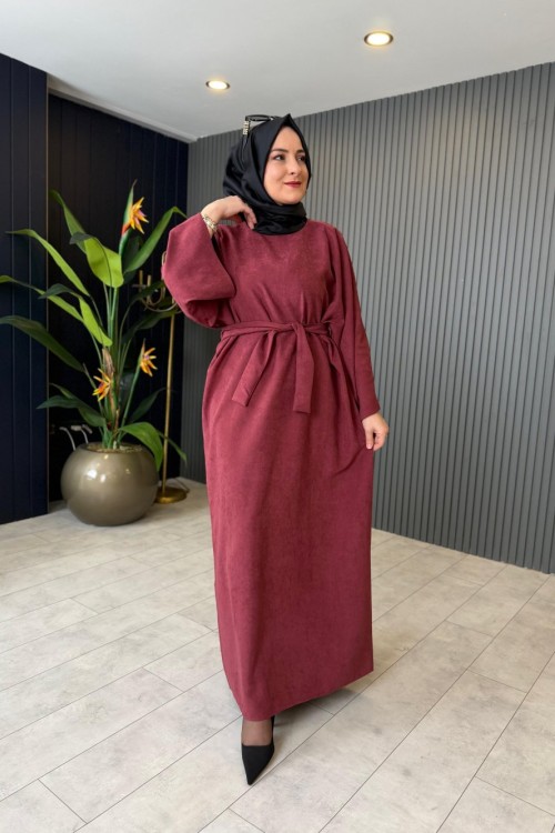 Yarasa Kol Nubuk Asya Elbise Bordo