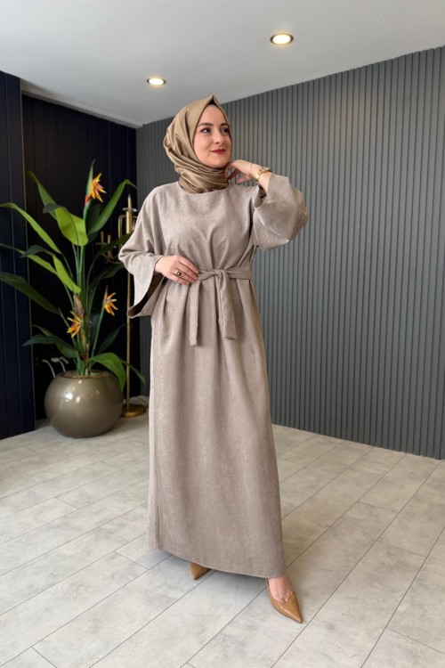 Yarasa Kol Nubuk Asya Elbise Bej