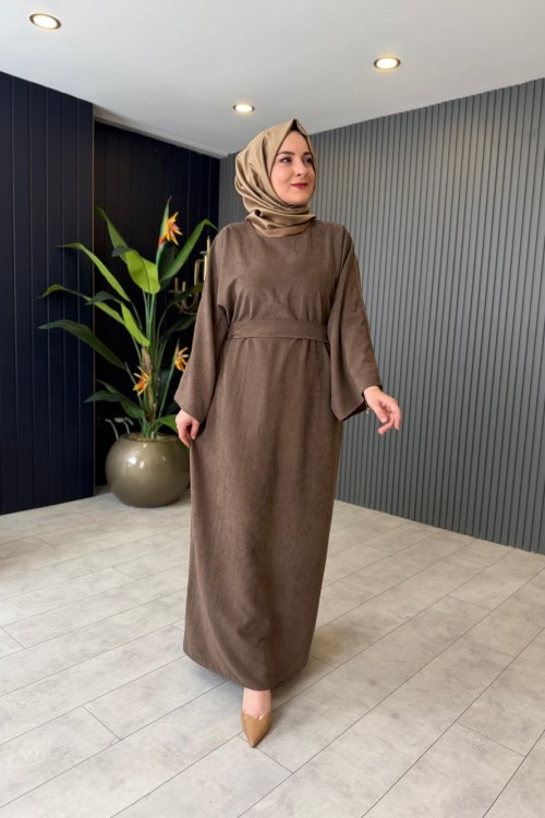 Yarasa Kol Nubuk Asya Elbise Kahve
