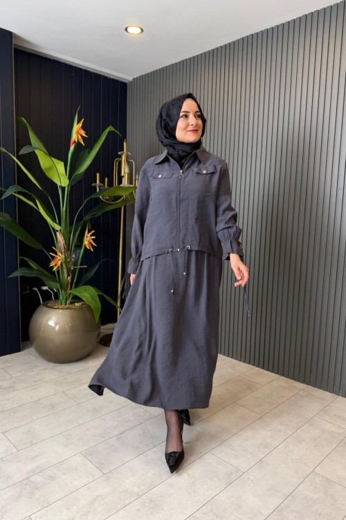 Kol Ve Bel Büzgü Detaylı Etekli Takım Antrasit