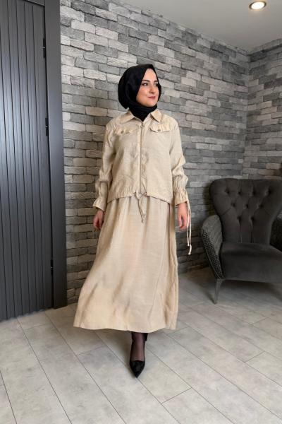 Kol Ve Bel Büzgü Detaylı Etekli Takım Bej
