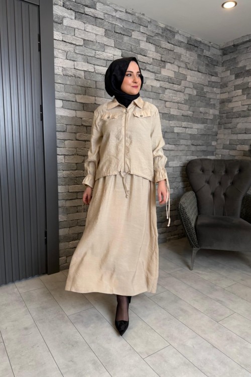 Kol Ve Bel Büzgü Detaylı Etekli Takım Bej