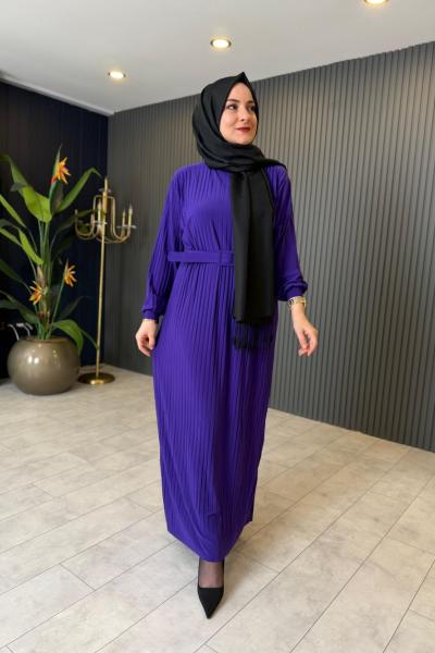 Kemerli Piliseli Rahat Elbise Mor