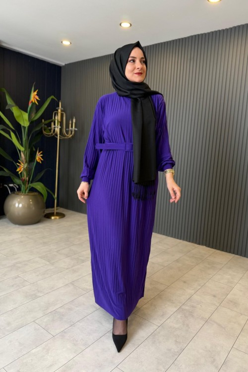 Kemerli Piliseli Rahat Elbise Mor