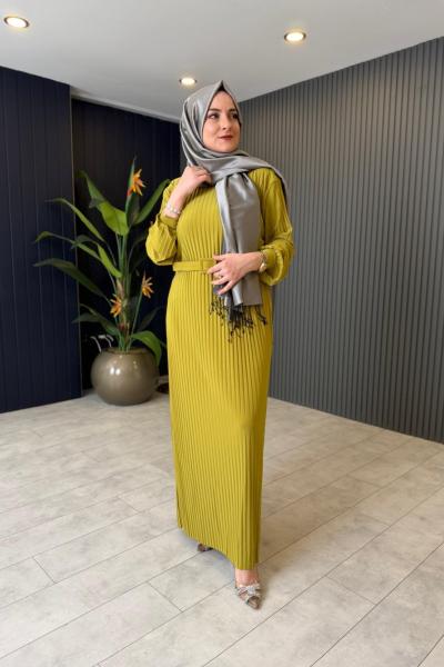 Kemerli Piliseli Rahat Elbise Yağ Yeşili