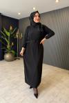 Kemerli Piliseli Rahat Elbise Siyah