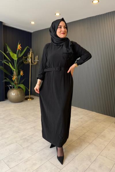Kemerli Piliseli Rahat Elbise Siyah