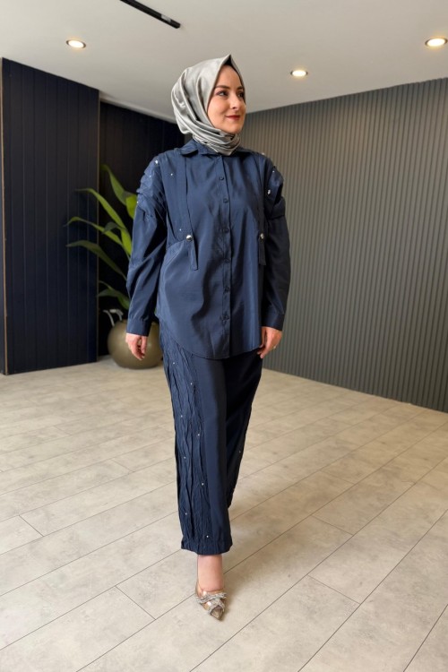 Kraş ve Taş İşlemeli Safari Pantolon Takım Lacivert