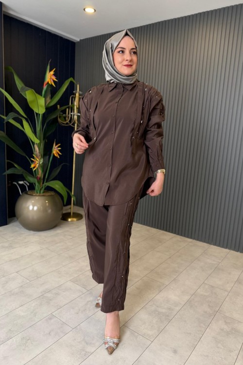 Kraş ve Taş İşlemeli Safari Pantolon Takım Kahverengi