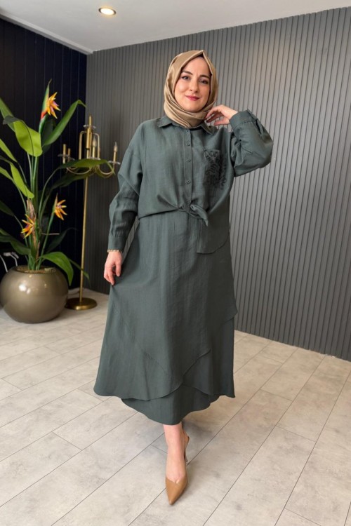 Lase İşlemeli Tencel Etekli Takım Yeşil