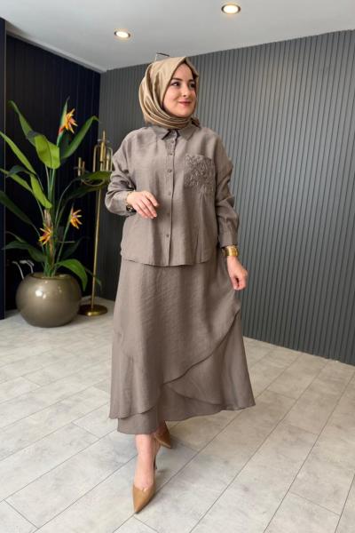 Lase İşlemeli Tencel Etekli Takım Vizon