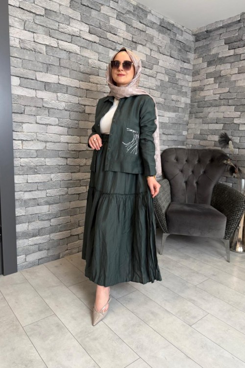 Cebi Baskılı Eteği Kraşlı Takım Zümrüt