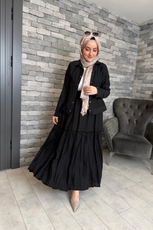 Cebi Baskılı Eteği Kraşlı Takım Siyah