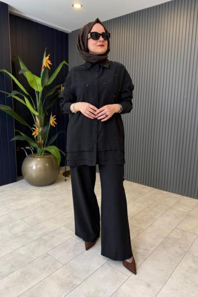 Boncuk İşlemeli Keten Pantolon Takım Siyah