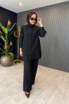 Boncuk İşlemeli Keten Pantolon Takım Siyah
