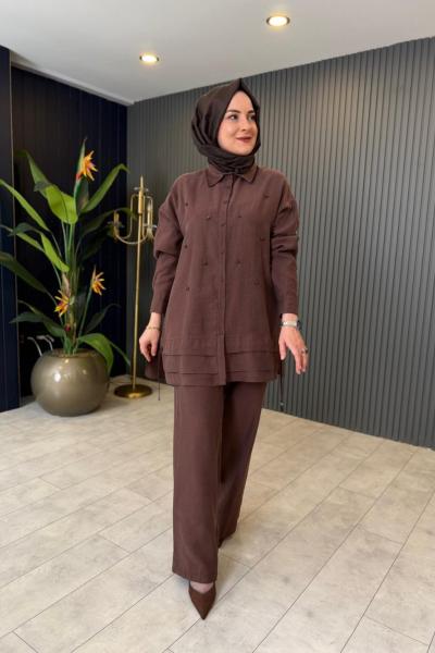 Boncuk İşlemeli Keten Pantolon Takım Kahverengi