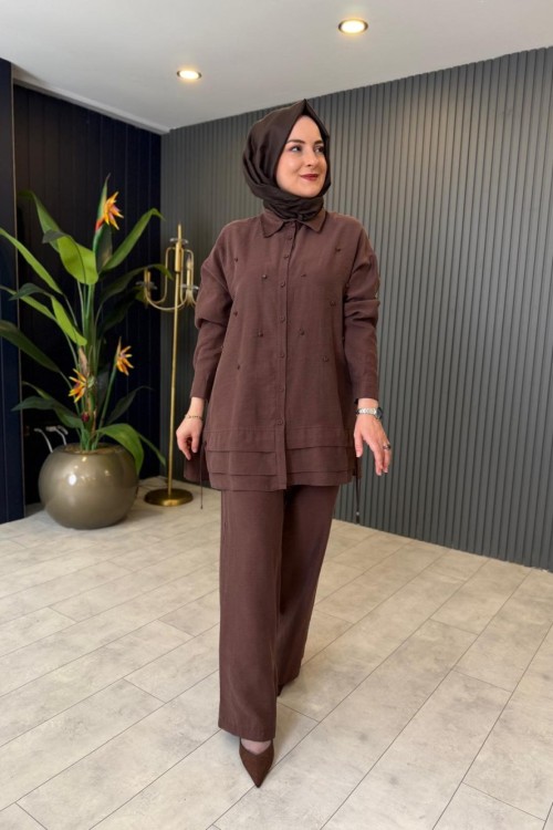Boncuk İşlemeli Keten Pantolon Takım Kahverengi
