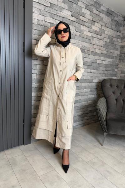 Yakası Bağcıklı Önden Çıt Çıtlı Safari Kap Taş Rengi