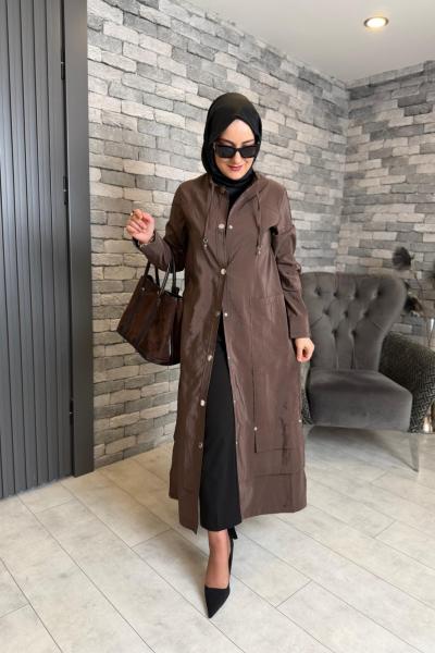 Yakası Bağcıklı Önden Çıt Çıtlı Safari Kap Kahverengi