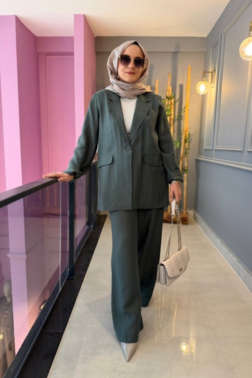 Ceket Arkası Baskı Detaylı Pantolon Takım Yeşil