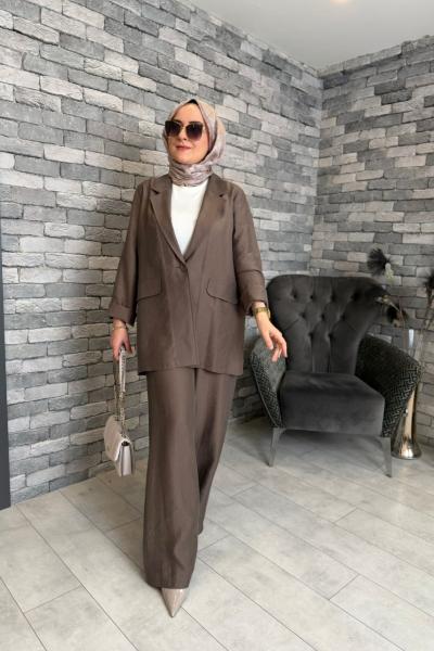 Ceket Arkası Baskı Detaylı Pantolon Takım Vizon