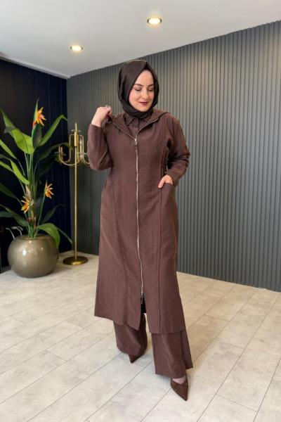 Kapüşonu Ve Önü Fermuarlı Keten Kap Kahverengi