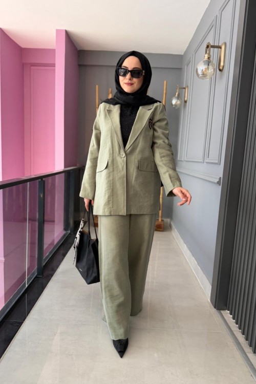 Keten Ceket Pantolon Takım Yeşil
