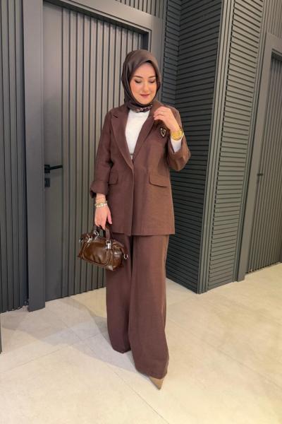 Keten Ceket Pantolon Takım Kahverengi