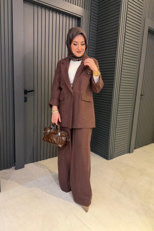 Keten Ceket Pantolon Takım Kahverengi