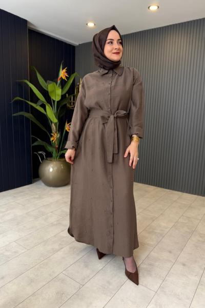 Metal Taşlı Detaylı Safari Gömlek Elbise Vizon