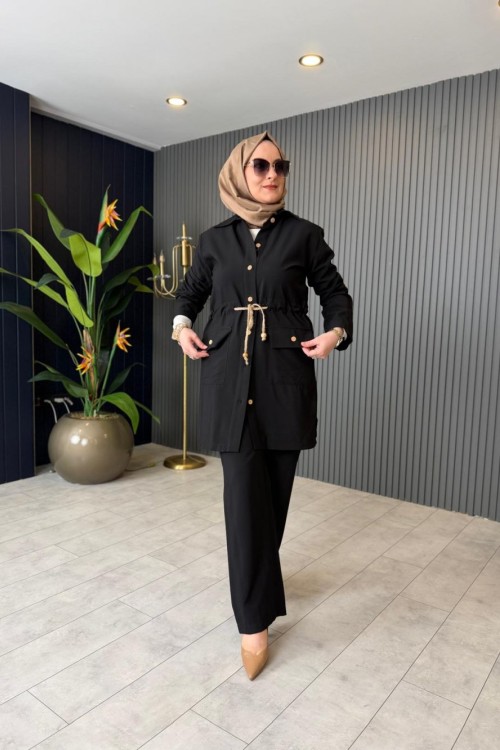 Hasır Kemer Detaylı Pantolon Takım Siyah