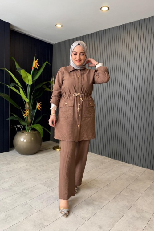 Hasır Kemer Detaylı Pantolon Takım Kahve