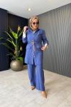 Hasır Kemer Detaylı Pantolon Takım İndigo Mavi