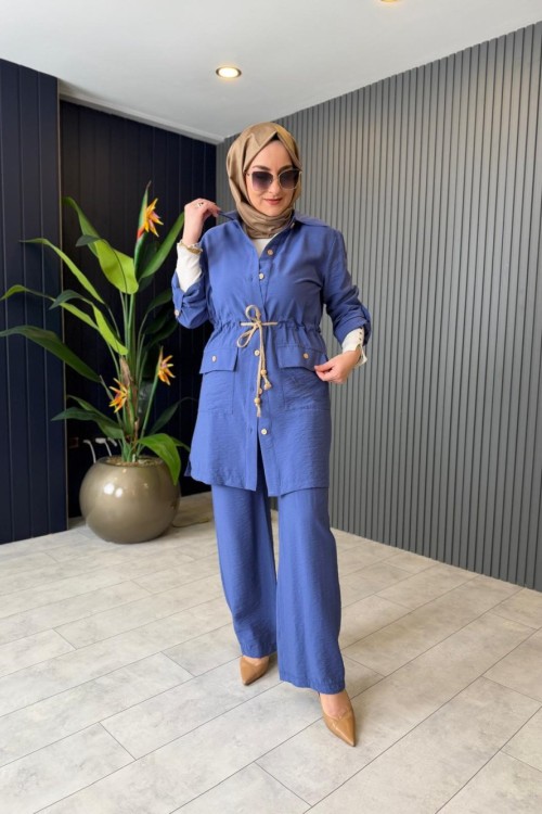 Hasır Kemer Detaylı Pantolon Takım İndigo Mavi