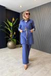 Hasır Kemer Detaylı Pantolon Takım İndigo Mavi