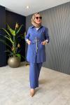 Hasır Kemer Detaylı Pantolon Takım İndigo Mavi