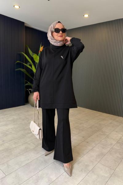 Broş Detaylı Rahat Pantolon Takım Siyah