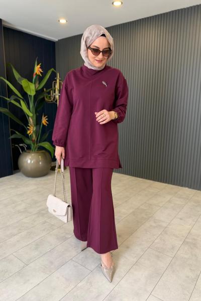 Broş Detaylı Rahat Pantolon Takım Mürdüm